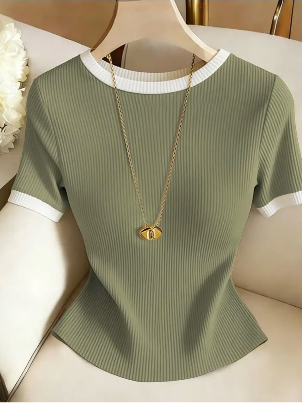 Ribbed Short Sleeve Tee in Olive with White Trim
